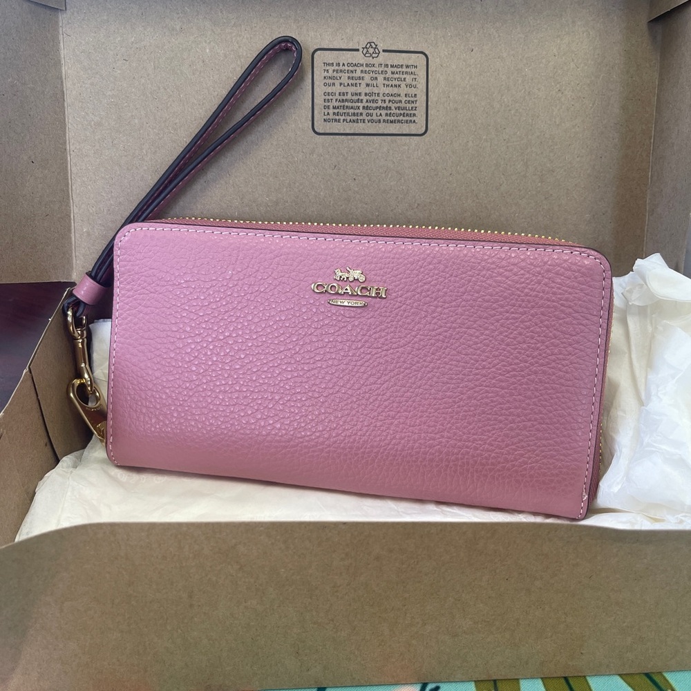 Coach True Pink Leather Wristlet New in original box